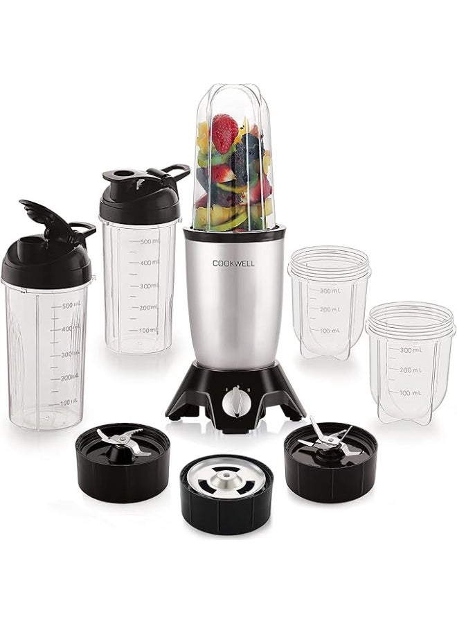 Cookwell 600W Bullet Mixer Grinder with 5 Jars & 3 Blades – Compact Multi-Use Kitchen Appliance(Silver) - Image 1